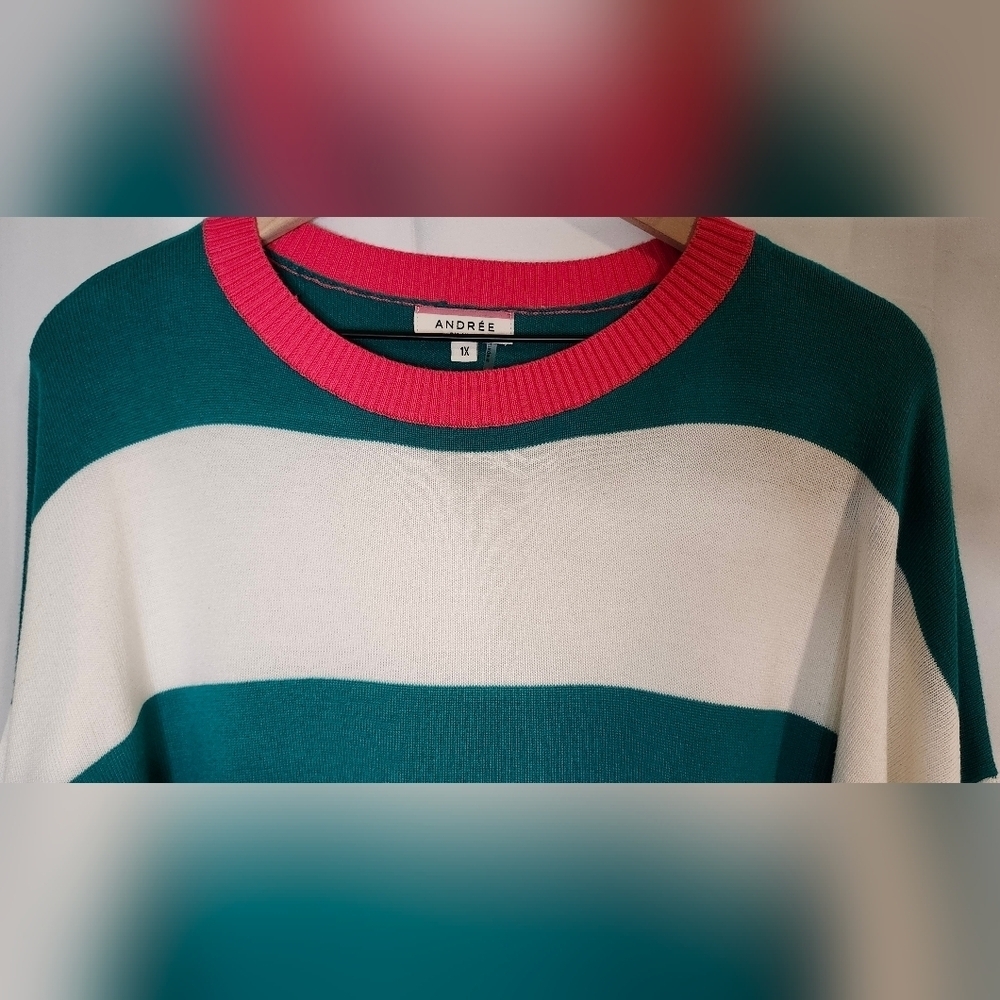 Andree By Unit Womens Teal Pink Striped‎ Sweater Size 1X Coastal Prep Nautical - Picture 2 of 8
